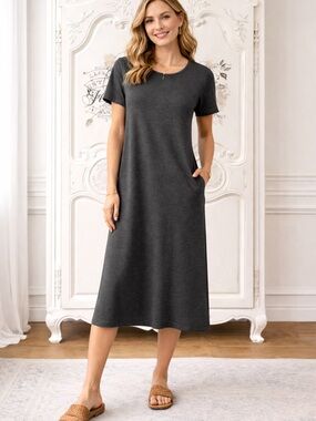 Talbots T-Shirt Dress Gray Jewel Neckline Short Sleeve Classic Size L